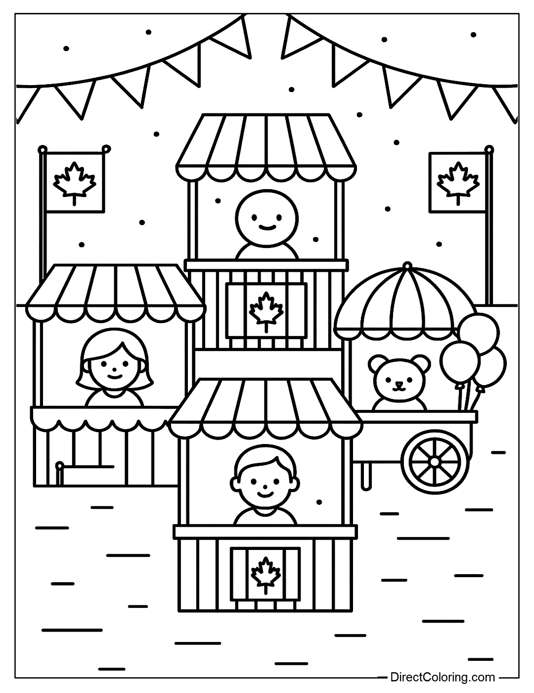 A street festival coloring page with red and white booths, flags and decorations.